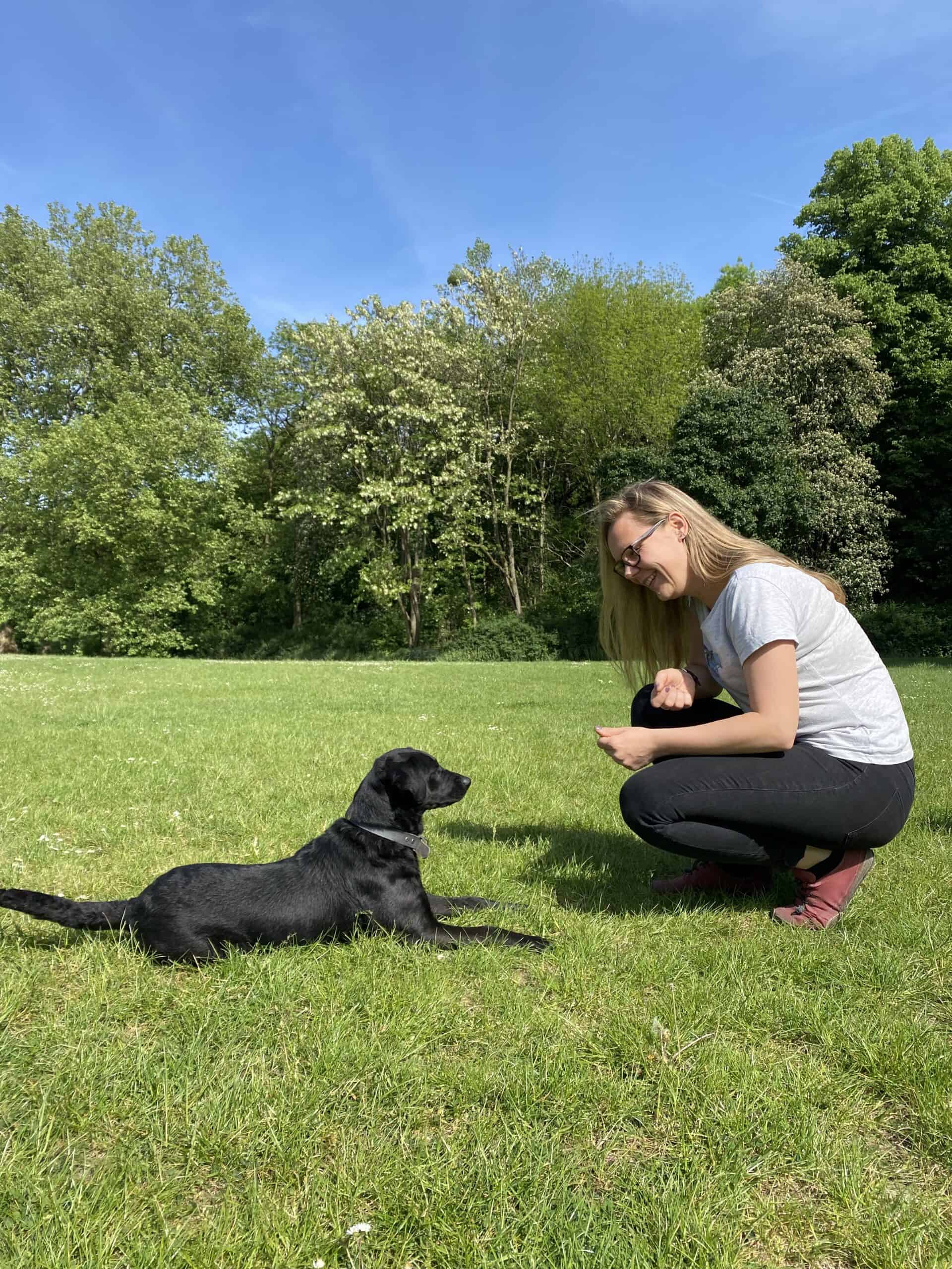 Hintergrundbild - Trainerin Tina mit Hund Tessa schauen sich gegenseitig an.