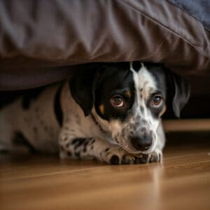 Ängstlicher Hund versteckt sich unter einem Bett, zeigt unsichere Körpersprache.