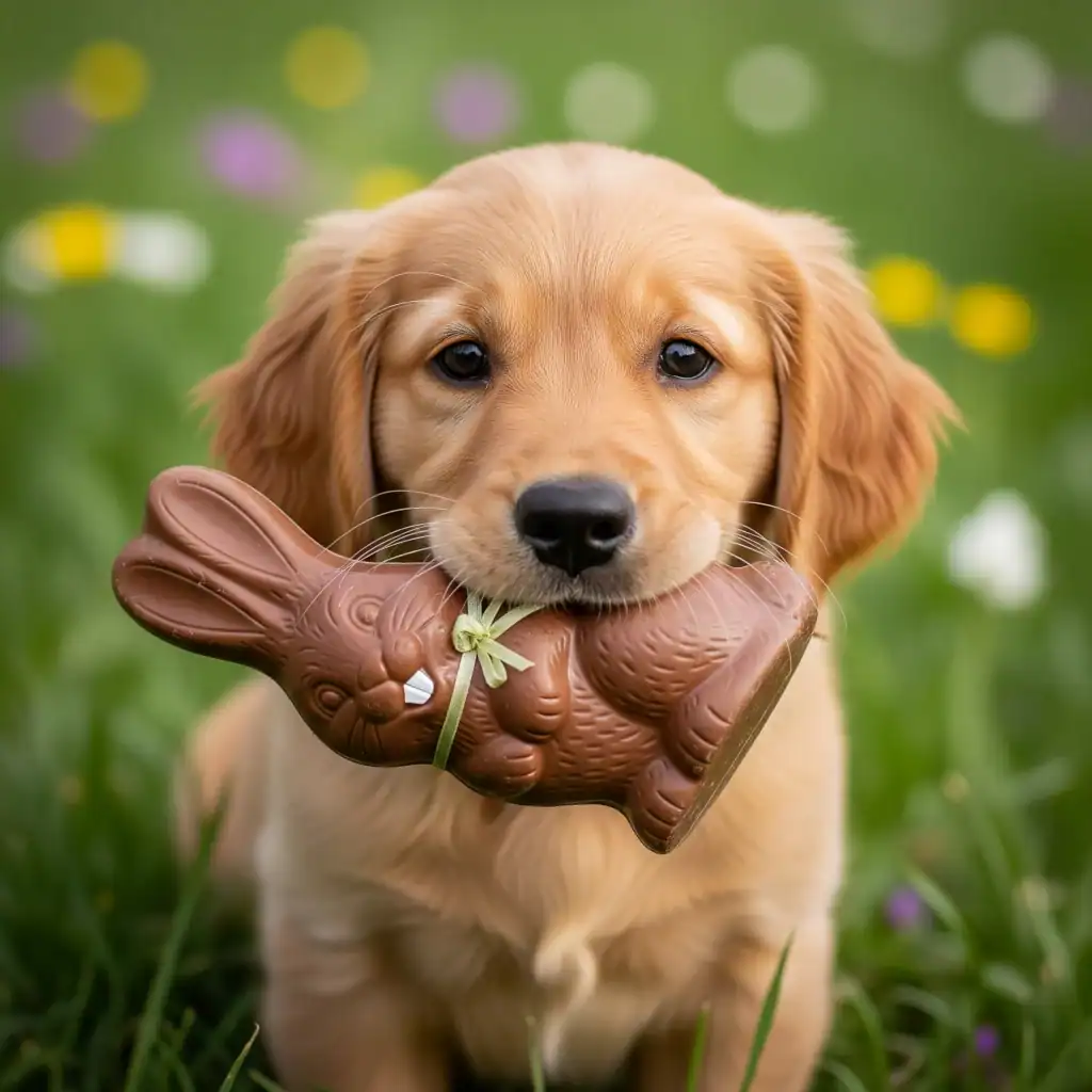 Hund Welpe hat einen Schokoladenhase im Maul
