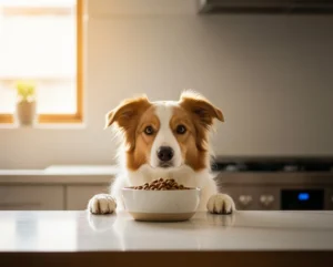 Impulskontrolle Hund sitzt vor einem vollem Futternapf und wartet