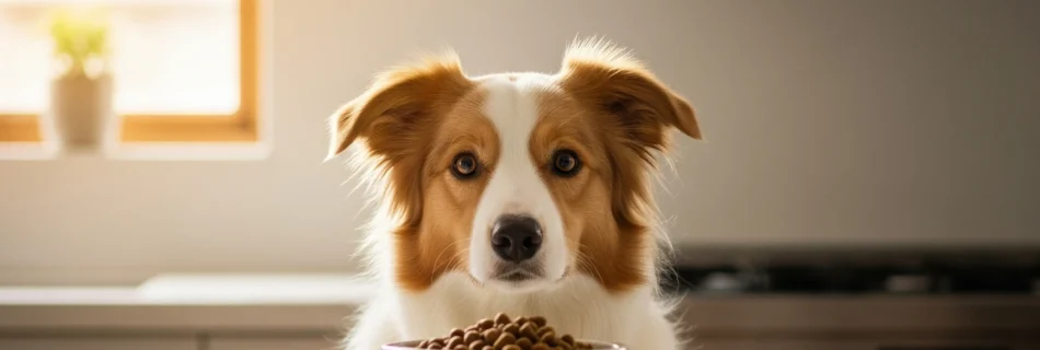 Impulskontrolle Hund sitzt vor einem vollem Futternapf und wartet