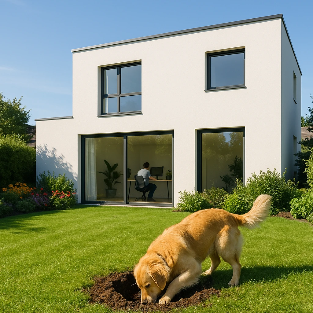 Hund im Garten buddelt ein Loch. Mann im Haus am Computer