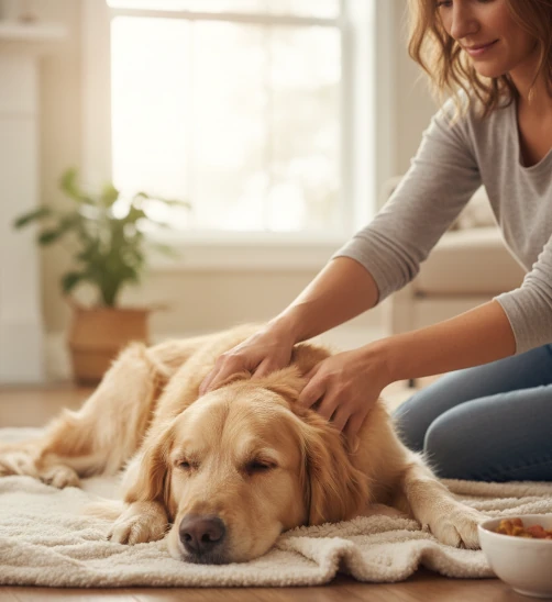 Hund bekommt eine Massage. Liegt entspannt auf seiner Hundedecke.