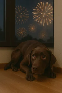 Silvester - Hund sitz in der Ecke und hat Angst vor dem Feuerwerk.