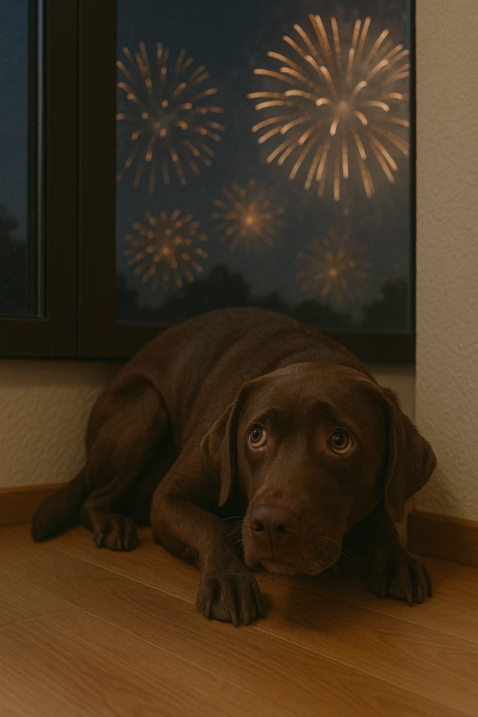 Silvester - Hund sitz in der Ecke und hat Angst vor dem Feuerwerk. 